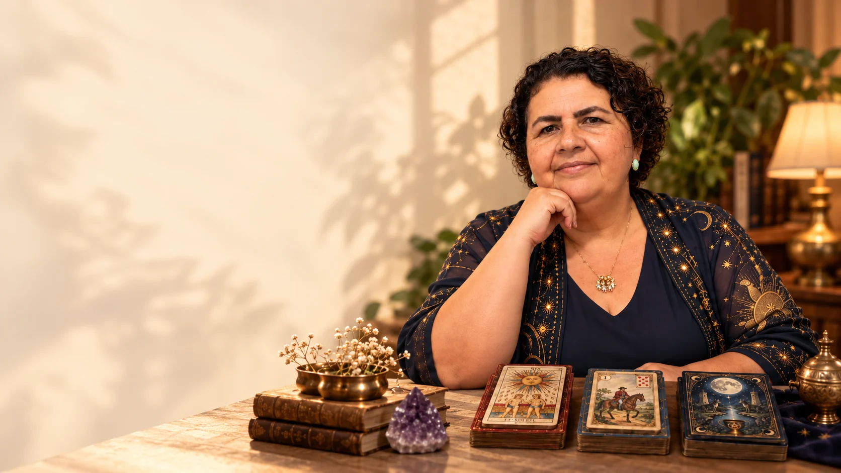 Núbia Severo sentada à mesa de consulta, com o Tarô de Marselha, o Baralho Cigano e o Tarô das Bruxas.